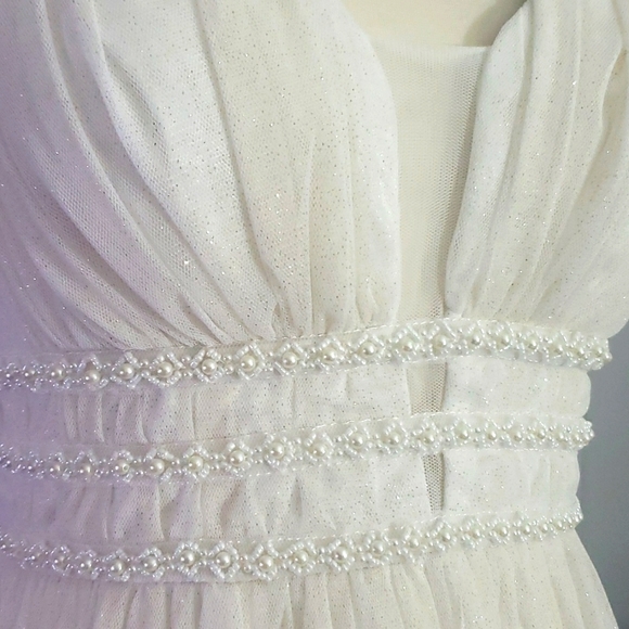 Ivory Sparkly Beaded Plunge Prom Evening Wedding Gown - Picture 5 of 11